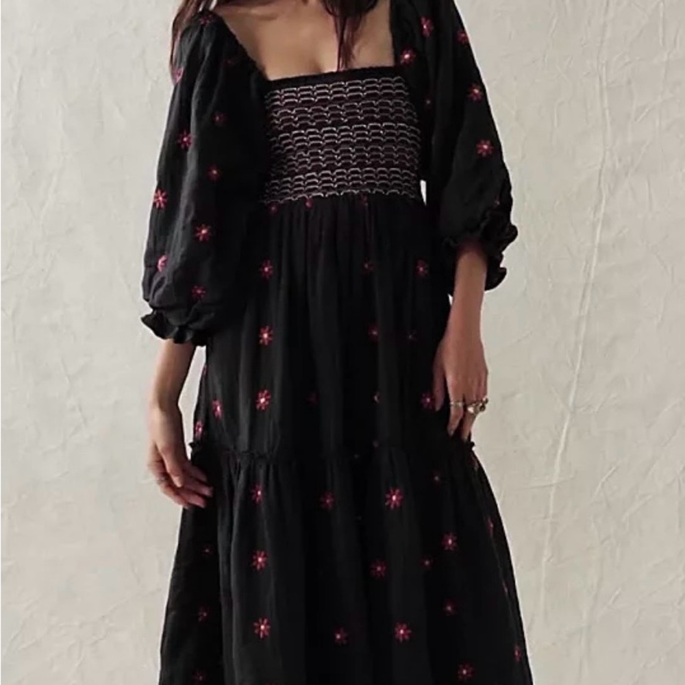 Free People Black Maxi Dress with Pink Embroidery